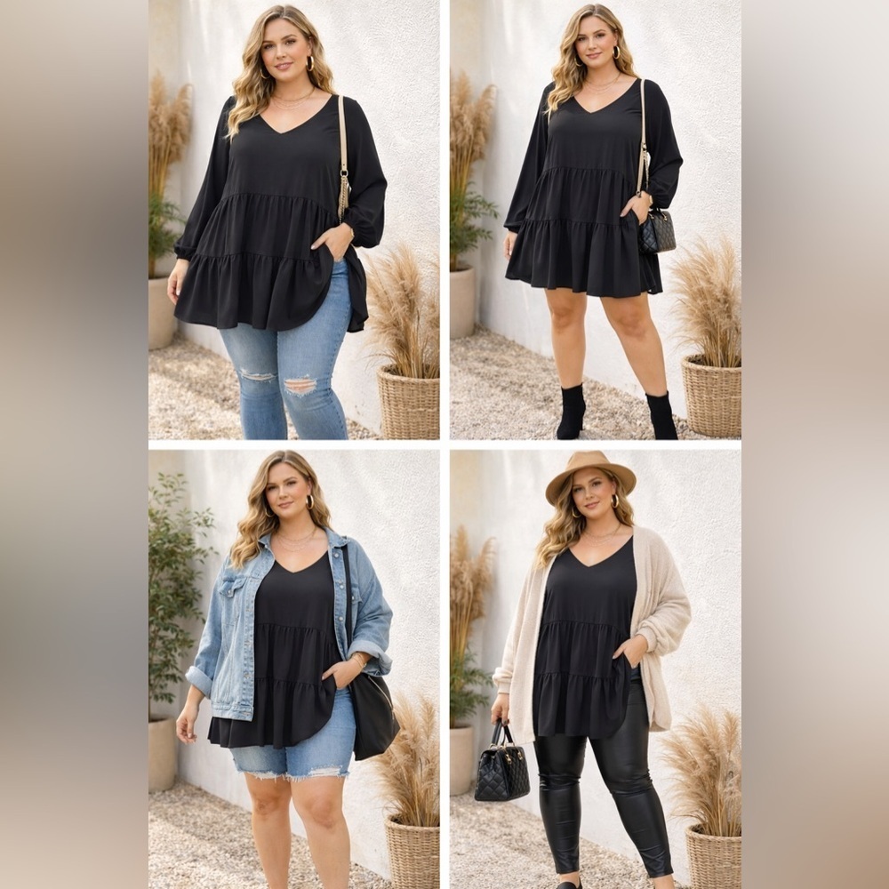 Black Tiered Babydoll Tunic Dress Boho Flowy Casual Soft Girl Minimalist 18-20